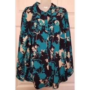 Denim & Co. Women's Blouse Shirt Floral Long Sleeve Collar Button Pocket Size 1X